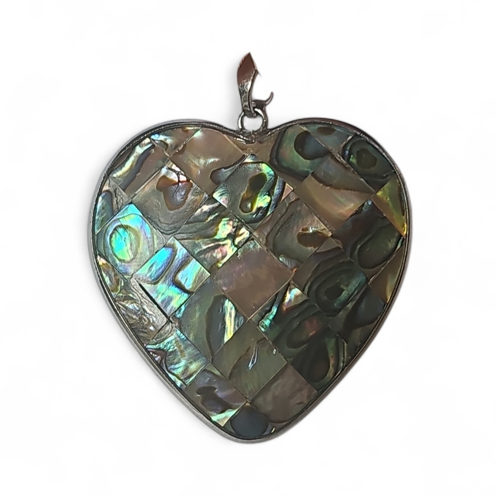 Heart-shaped Abalone Shell Mosaic Pendant With a Silver-tone Setting.